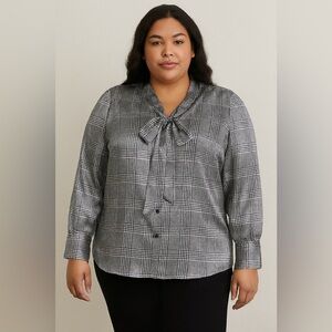 Torrid Satin Black, purple and White Plaid Blouse with Bow Size 1X